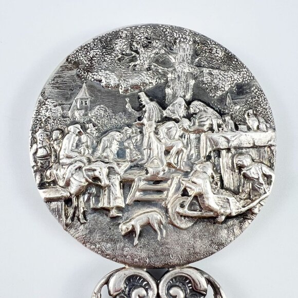 Vintage Denmark HANS JENSEN Silver Plated Hand Purse Mirror Village Tavern Scene - Picture 2 of 6